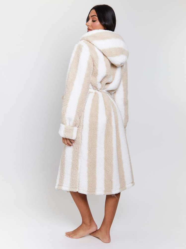 Loungeable Brown Chunky Sherpa Stripe Maxi Hooded Dressing Gown - Image 2 of 6 Loungeable Brown Chunky Sherpa Stripe Maxi Hooded Dressing Gown - Image 2 of 6