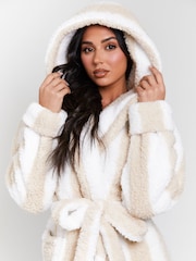 Loungeable Brown Chunky Sherpa Stripe Maxi Hooded Dressing Gown - Image 5 of 6