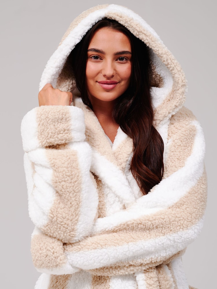 ladies white hooded dressing gown Buy Loungeable Brown/White Stripe Contrast Cosy Borg Fleece Midi from Next USA wear refined
