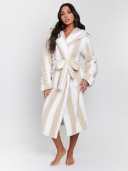 Loungeable Brown Chunky Sherpa Stripe Maxi Hooded Dressing Gown - Image 6 of 6