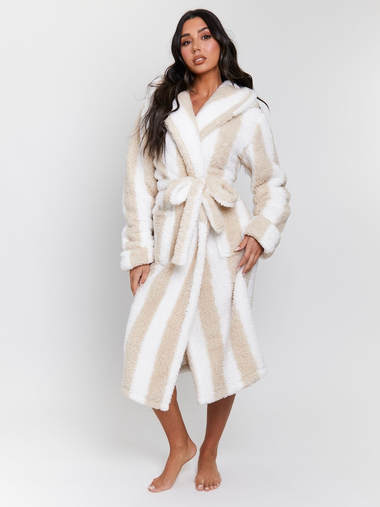 Loungeable Brown Chunky Sherpa Stripe Maxi Hooded Dressing Gown - Image 6 of 6 Loungeable Brown Chunky Sherpa Stripe Maxi Hooded Dressing Gown - Image 6 of 6