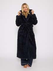 Loungeable Blue Plush Ridged Fleece Midi Hooded Dressing Gown - Image 3 of 6