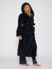 Loungeable Blue Plush Ridged Fleece Midi Hooded Dressing Gown - Image 5 of 6