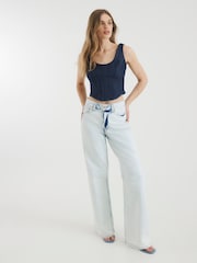 River Island Blue Bleached Relaxed Straight Leg 100% Cotton Jeans - Image 1 of 4