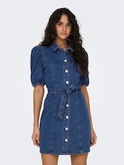 ONLY Blue Short Sleeve Tie Waist Midi Denim Dress - Image 1 of 6