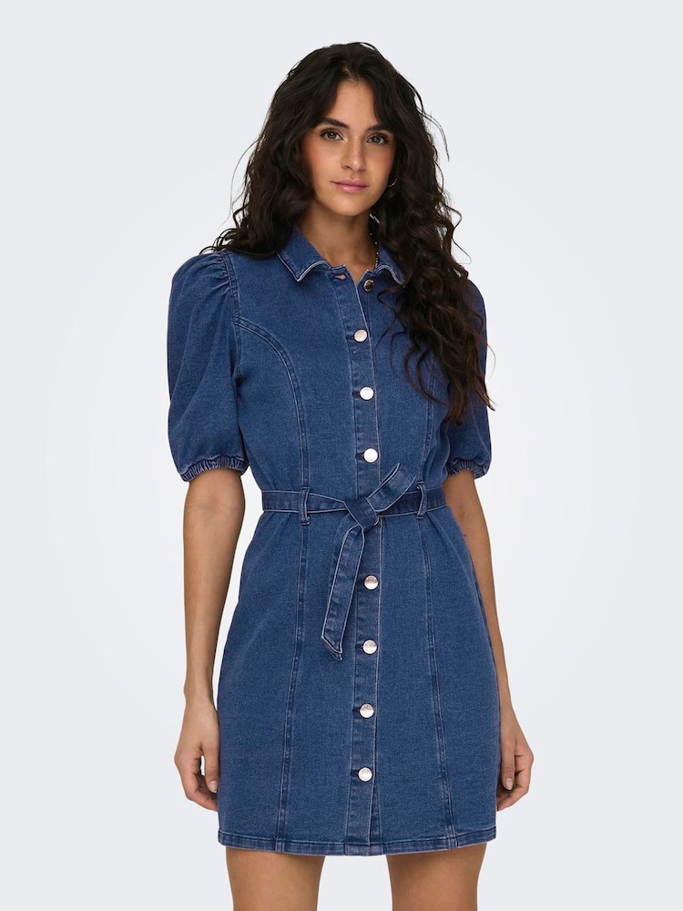 ONLY Blue Short Sleeve Tie Waist Midi Denim Dress - Image 1 of 6
