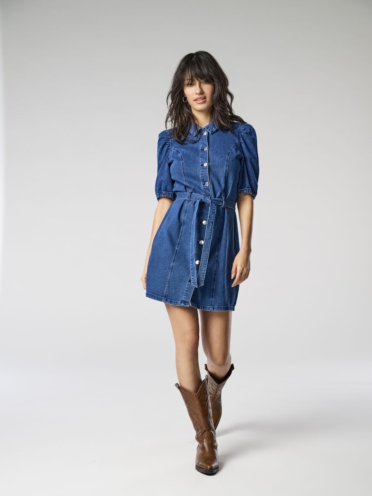 ONLY Blue Short Sleeve Tie Waist Midi Denim Dress - Image 1 of 7 ONLY Blue Short Sleeve Tie Waist Midi Denim Dress - Image 1 of 7
