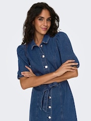 ONLY Blue Short Sleeve Tie Waist Midi Denim Dress - Image 2 of 6