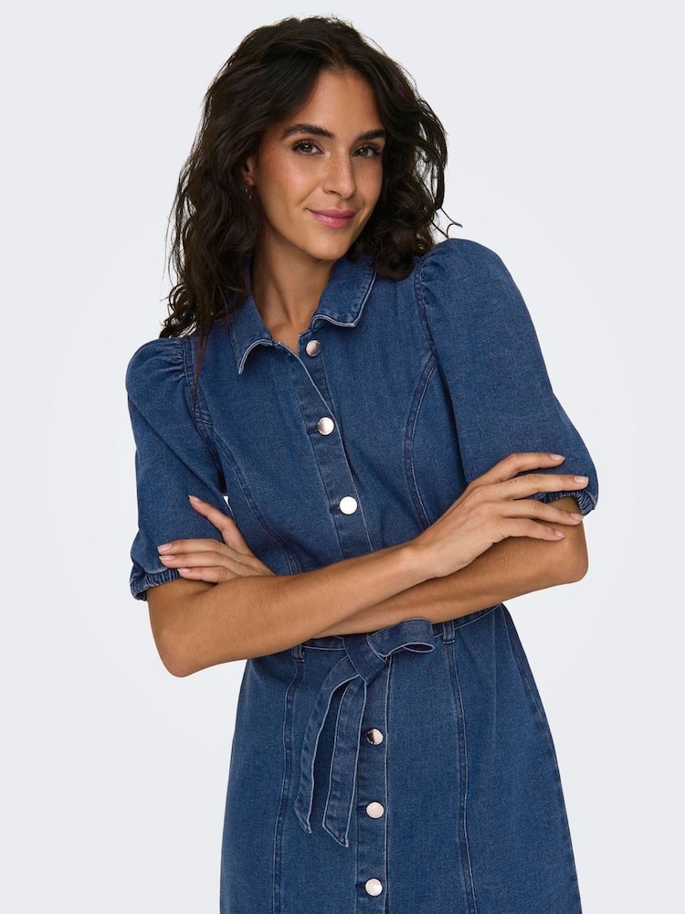 ONLY Blue Short Sleeve Tie Waist Midi Denim Dress - Image 2 of 6