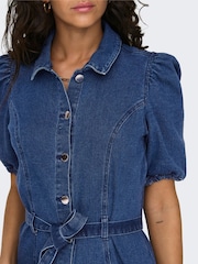 ONLY Blue Short Sleeve Tie Waist Midi Denim Dress - Image 3 of 6