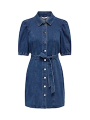 ONLY Blue Short Sleeve Tie Waist Midi Denim Dress - Image 5 of 6