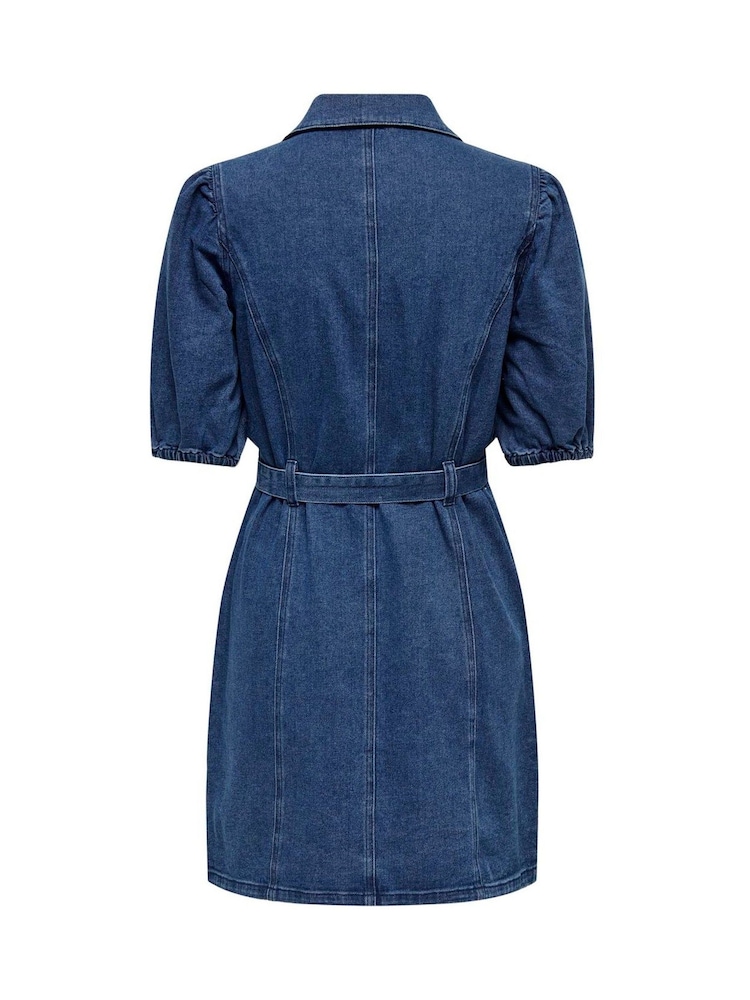 ONLY Blue Short Sleeve Tie Waist Midi Denim Dress - Image 6 of 6