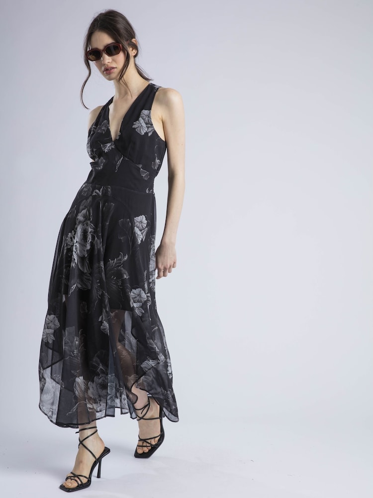 Religion Black Aida Midi Dress In Dark Floral With Handkerchief Hem - Image 2 of 5
