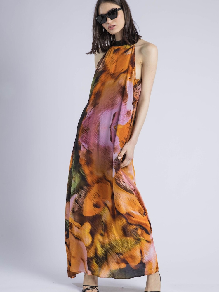 Religion Orange 100% Cotton Glow Halterneck Maxi Dress In Bright Abstract Print - Image 1 of 6