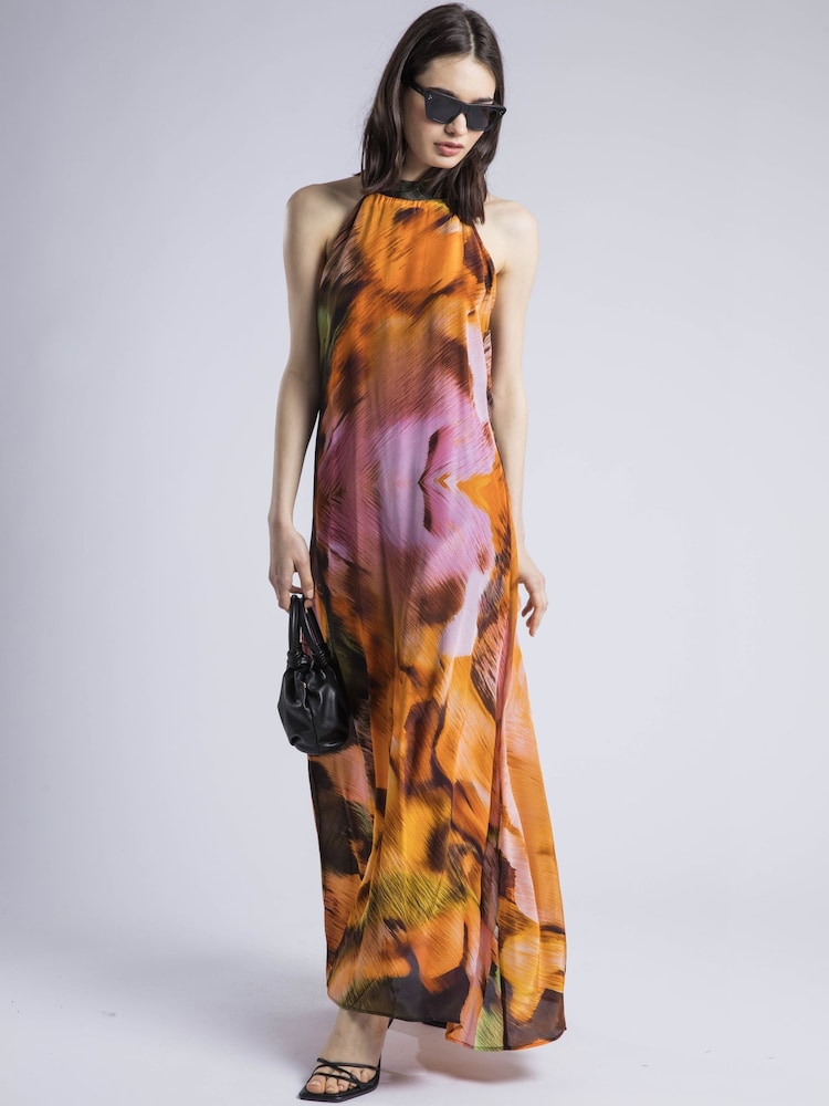 Religion Orange 100% Cotton Glow Halterneck Maxi Dress In Bright Abstract Print - Image 2 of 6