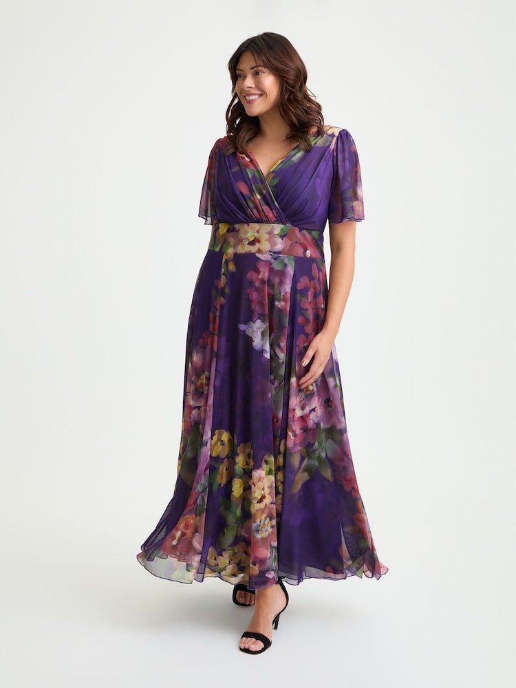 Scarlett & Jo Purple Multi Isabelle Flower Angel Sleeve Maxi Dress - Image 1 of 4