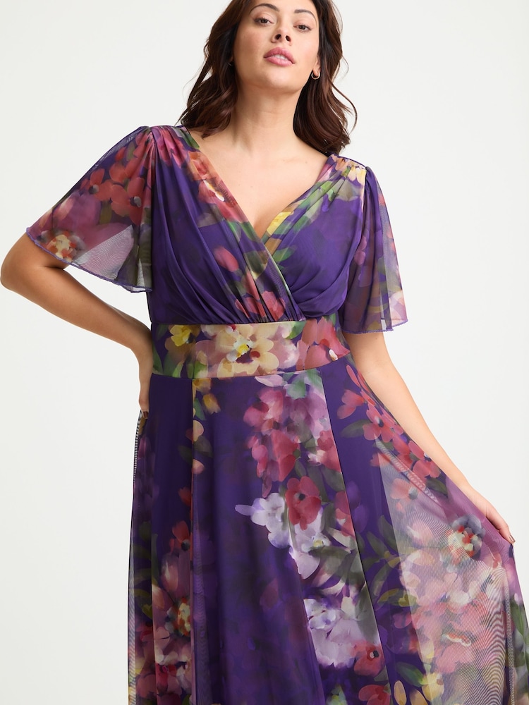 Scarlett & Jo Purple Multi Isabelle Flower Angel Sleeve Maxi Dress - Image 2 of 4 Scarlett & Jo Purple Multi Isabelle Flower Angel Sleeve Maxi Dress - Image 2 of 4