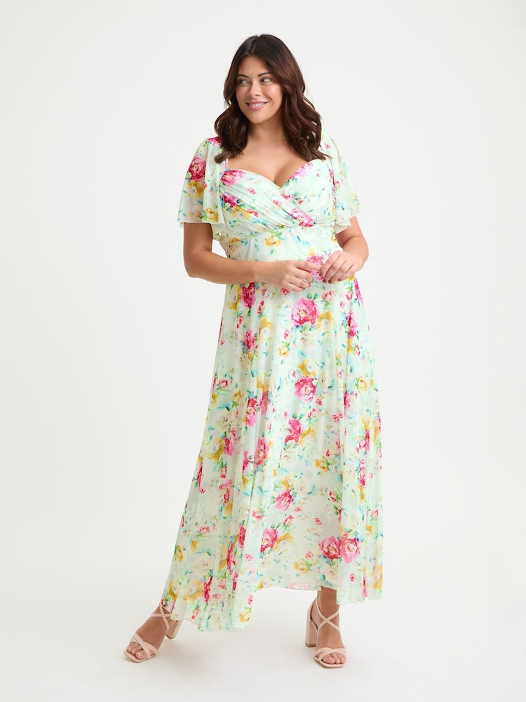 Scarlett & Jo Ivory Pink Print Kemi Bolero Wrap Bodice Maxi Gown - Image 1 of 4