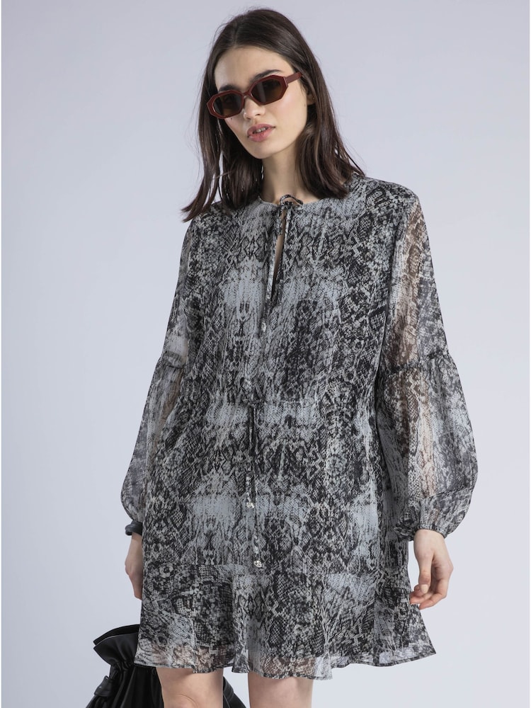 Religion Grey 100% Cotton Eternity Mini Dress With Neck Tie In Snake Skin Print - Image 1 of 6