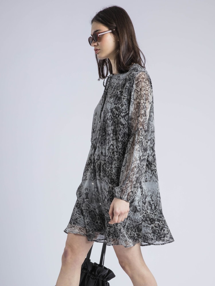 Religion Grey 100% Cotton Eternity Mini Dress With Neck Tie In Snake Skin Print - Image 2 of 6