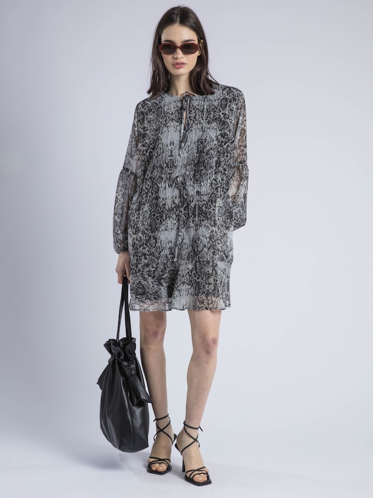 Religion Grey 100% Cotton Eternity Mini Dress With Neck Tie In Snake Skin Print - Image 6 of 6