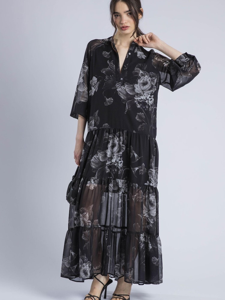Religion Black Cala Tiered Boho 100% Cotton Maxi Dress In Dark Floral Print - Image 1 of 6