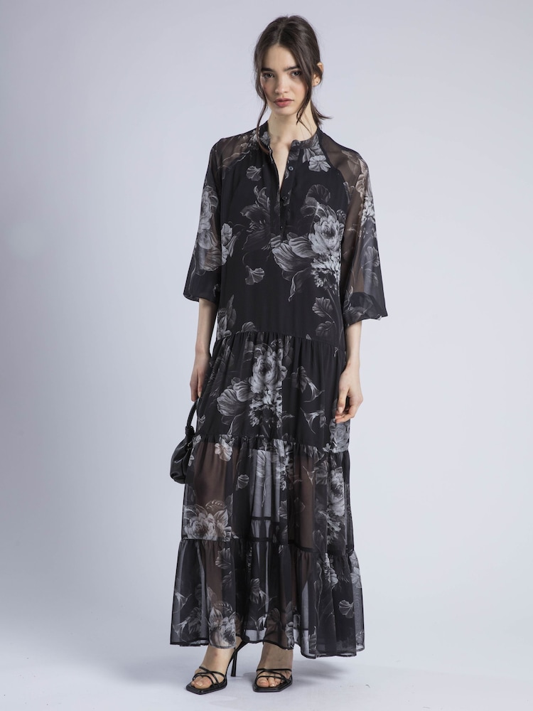 Religion Black Cala Tiered Boho 100% Cotton Maxi Dress In Dark Floral Print - Image 2 of 6