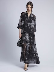 Religion Black Cala Tiered Boho 100% Cotton Maxi Dress In Dark Floral Print - Image 3 of 6