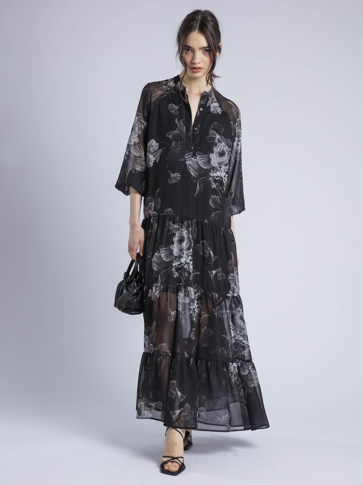 Religion Chrome Black 100% Cotton Cala Tiered Boho Maxi Dress In Abstract Print - Image 2 of 6