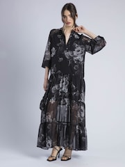 Religion Black Cala Tiered Boho 100% Cotton Maxi Dress In Dark Floral Print - Image 4 of 6