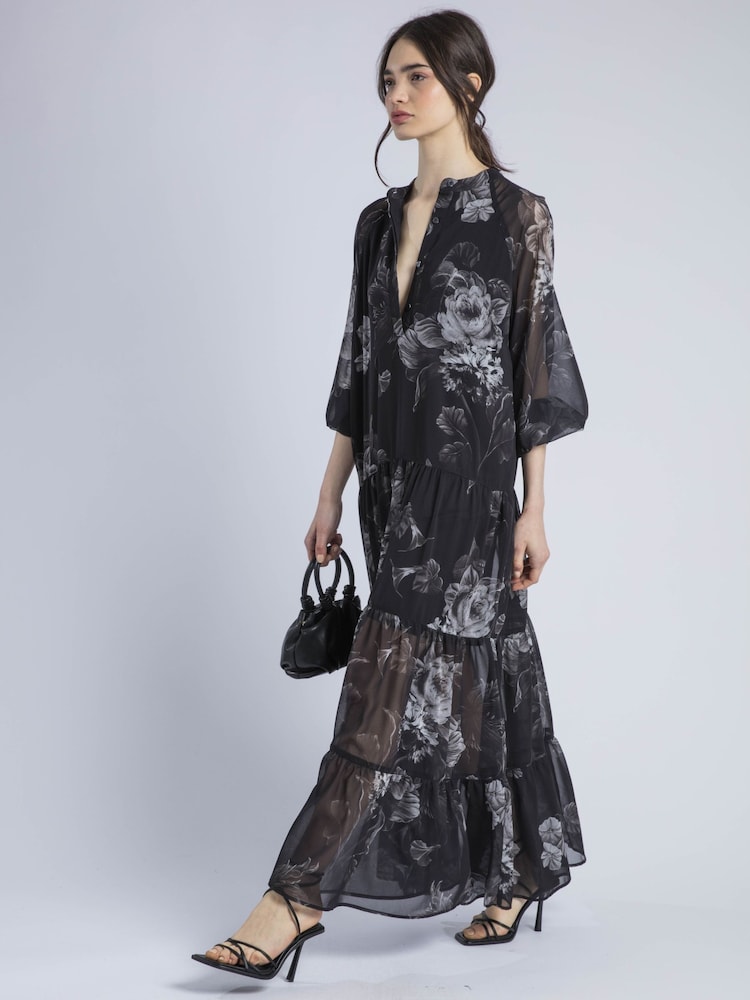 Religion Chrome Black 100% Cotton Cala Tiered Boho Maxi Dress In Abstract Print - Image 6 of 6
