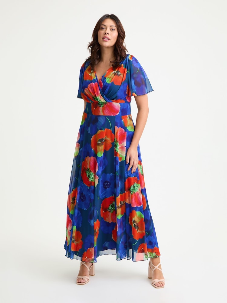 Scarlett & Jo Blue Multi Isabelle Flower Angel Sleeve Maxi Dress - Image 1 of 4