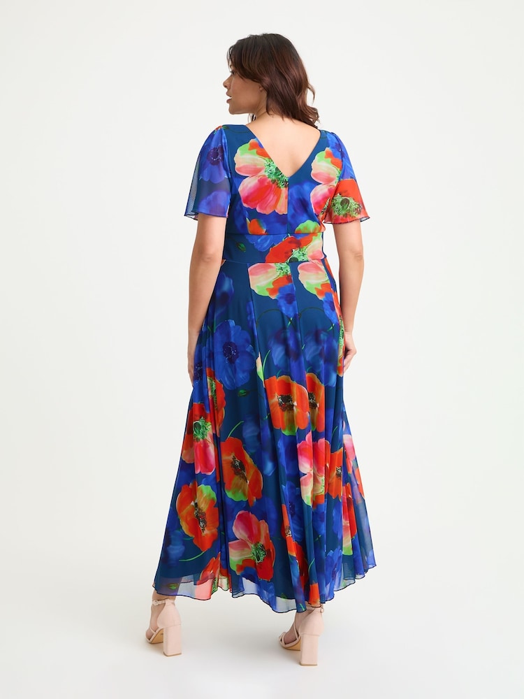 Scarlett & Jo Blue Multi Isabelle Flower Angel Sleeve Maxi Dress - Image 4 of 4