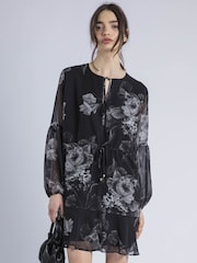 Religion Black Eternity Mini 100% Cotton Dress With Neck Tie In Floral Print - Image 2 of 6