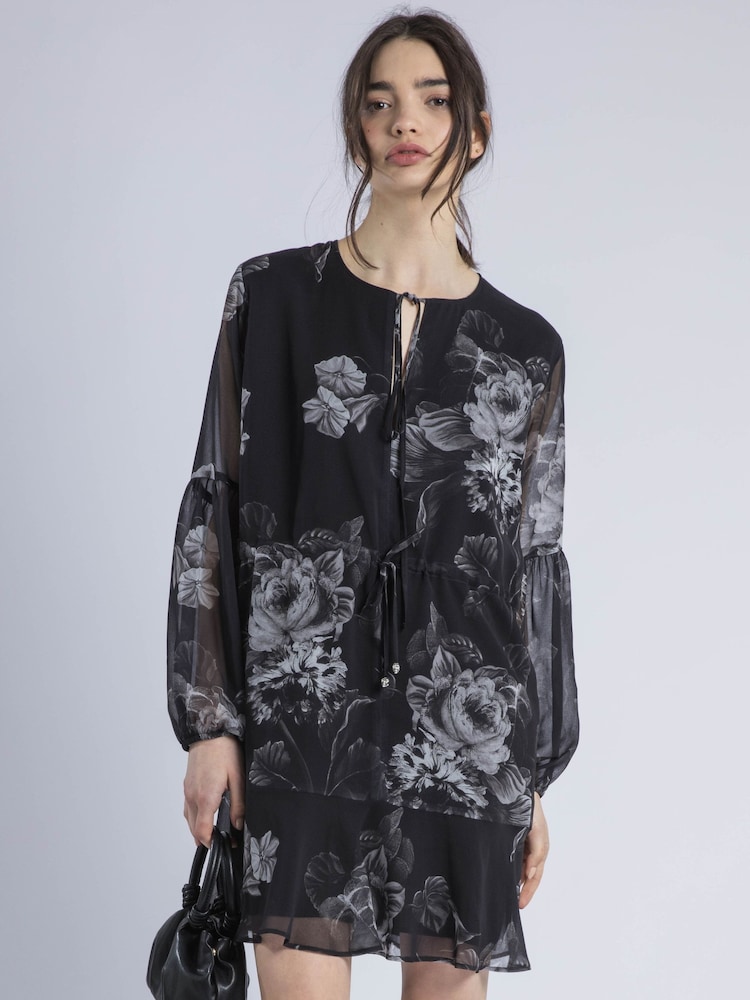 Religion Black Eternity Mini 100% Cotton Dress With Neck Tie In Floral Print - Image 2 of 6