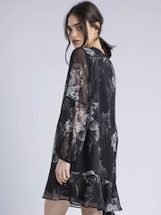 Religion Black Eternity Mini 100% Cotton Dress With Neck Tie In Floral Print - Image 3 of 6