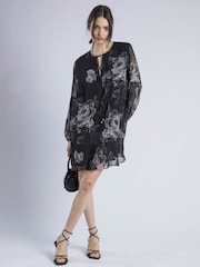 Religion Black Eternity Mini 100% Cotton Dress With Neck Tie In Floral Print - Image 4 of 6