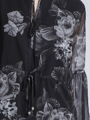 Religion Black Eternity Mini 100% Cotton Dress With Neck Tie In Floral Print - Image 6 of 6