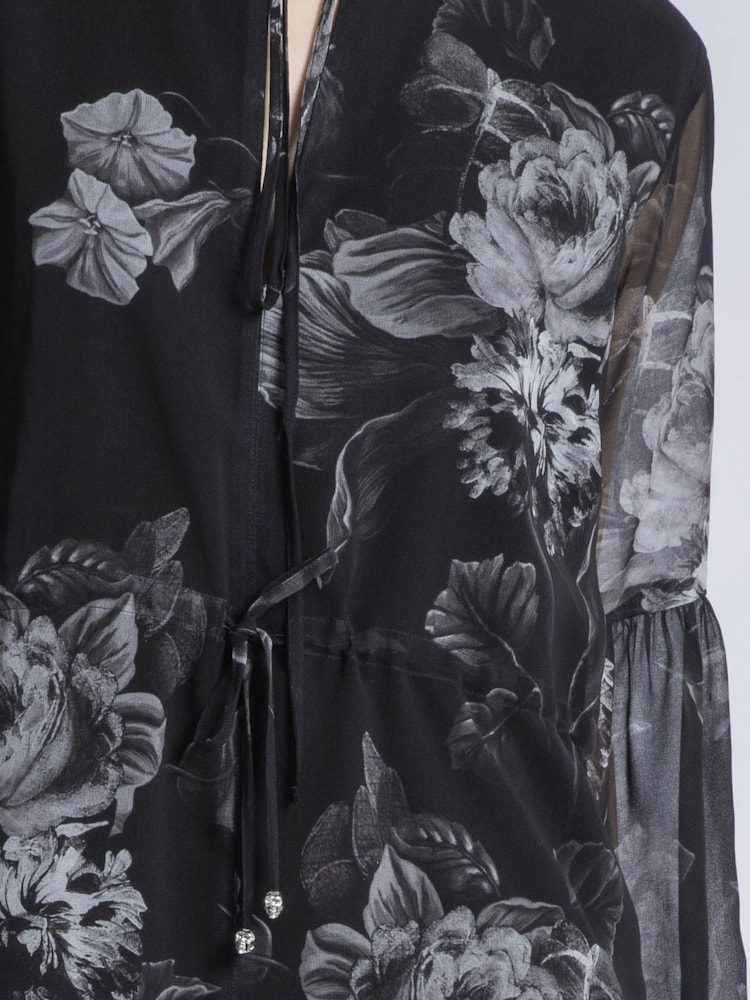 Religion Black Eternity Mini 100% Cotton Dress With Neck Tie In Floral Print - Image 6 of 6