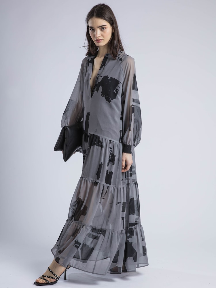 Religion Grey 100% Cotton Cala Tiered Boho Maxi Dress In Abstract Print - Image 1 of 1