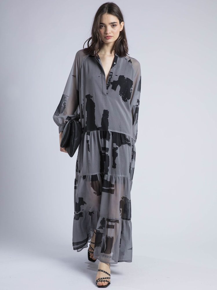 Religion Grey 100% Cotton Cala Tiered Boho Maxi Dress In Abstract Print - Image 2 of 5
