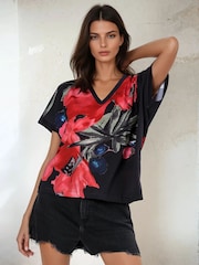 Religion Black 100% Cotton Cloak Jersey Top With Pink And Red Floral Print - Image 1 of 6