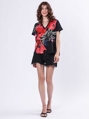 Religion Black 100% Cotton Cloak Jersey Top With Pink And Red Floral Print - Image 2 of 6