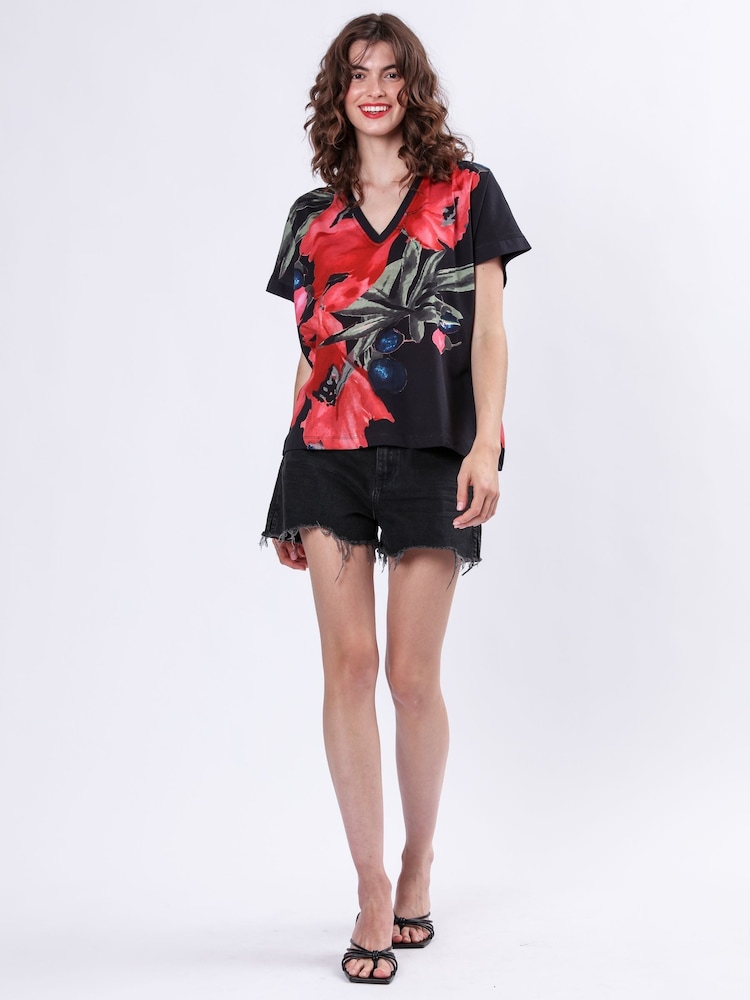 Religion Black 100% Cotton Cloak Jersey Top With Pink And Red Floral Print - Image 2 of 6