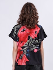 Religion Black 100% Cotton Cloak Jersey Top With Pink And Red Floral Print - Image 3 of 6