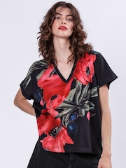 Religion Black 100% Cotton Cloak Jersey Top With Pink And Red Floral Print - Image 4 of 6