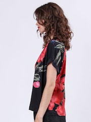 Religion Black 100% Cotton Cloak Jersey Top With Pink And Red Floral Print - Image 5 of 6