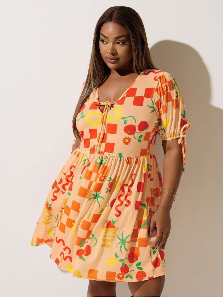Yours Curve Natural Limited Tie Checkboard Print Dress - Image 1 of 5