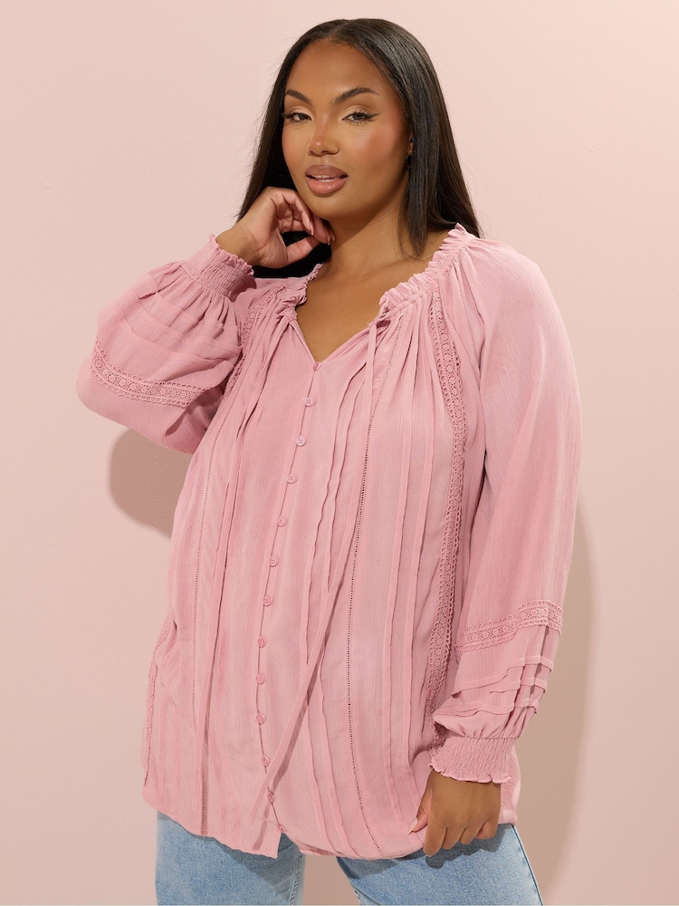 Rosa - Blusa Boho Pintuck de manga longa Yours Curve - Imagem 1 de 5