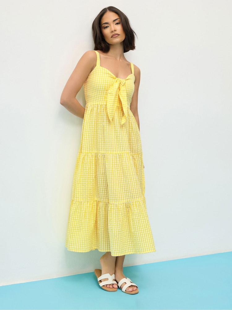 PixieGirl Petite Yellow Gingham Tie Front Maxi 100% Cotton Dress - Image 2 of 4